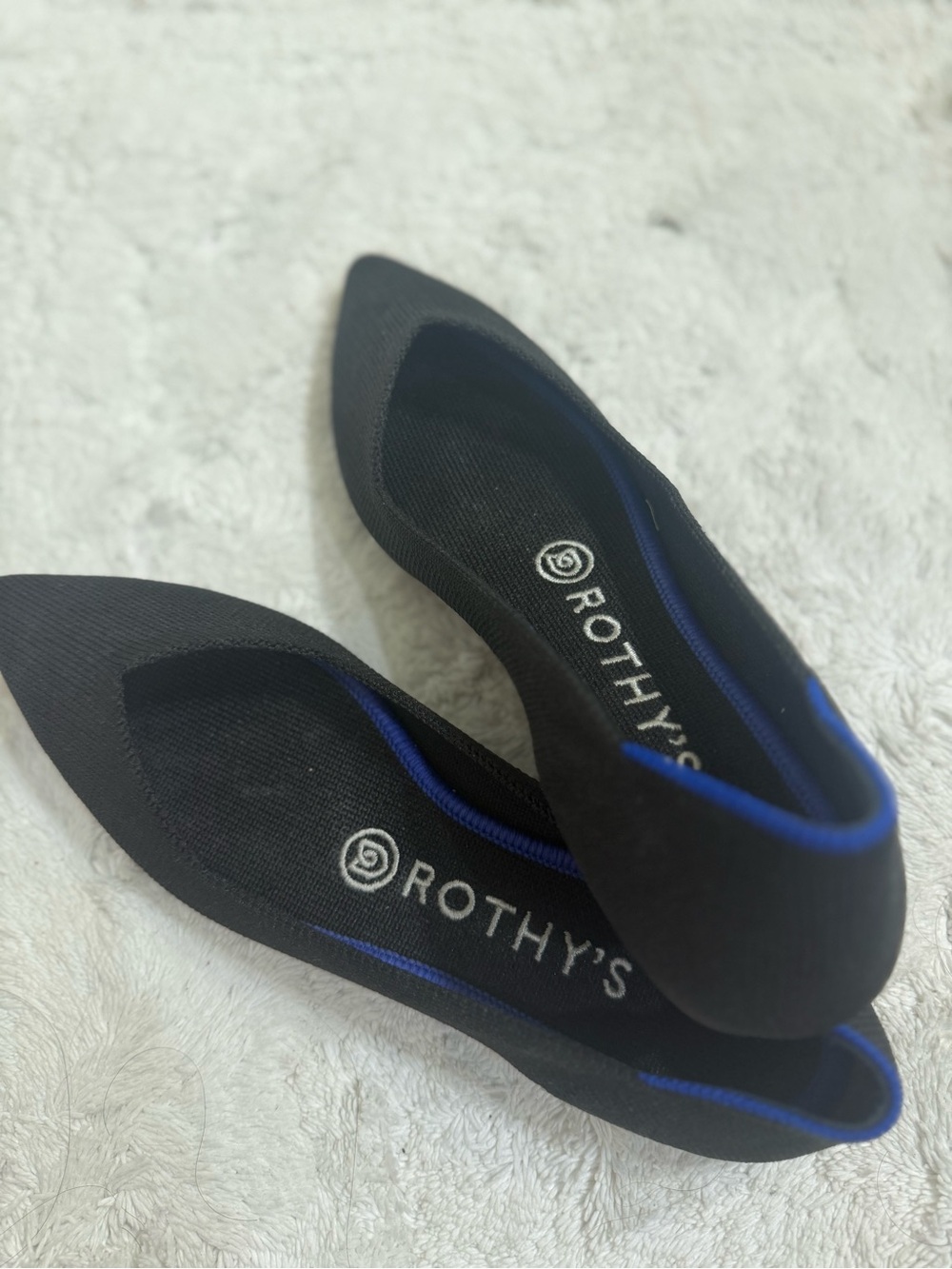 Rothy's Black Pointed Knit Flats with Blue Trim
